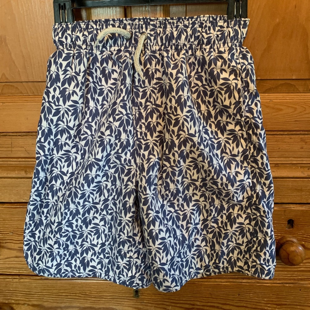 Blue and White Floral Print Swim Trunks